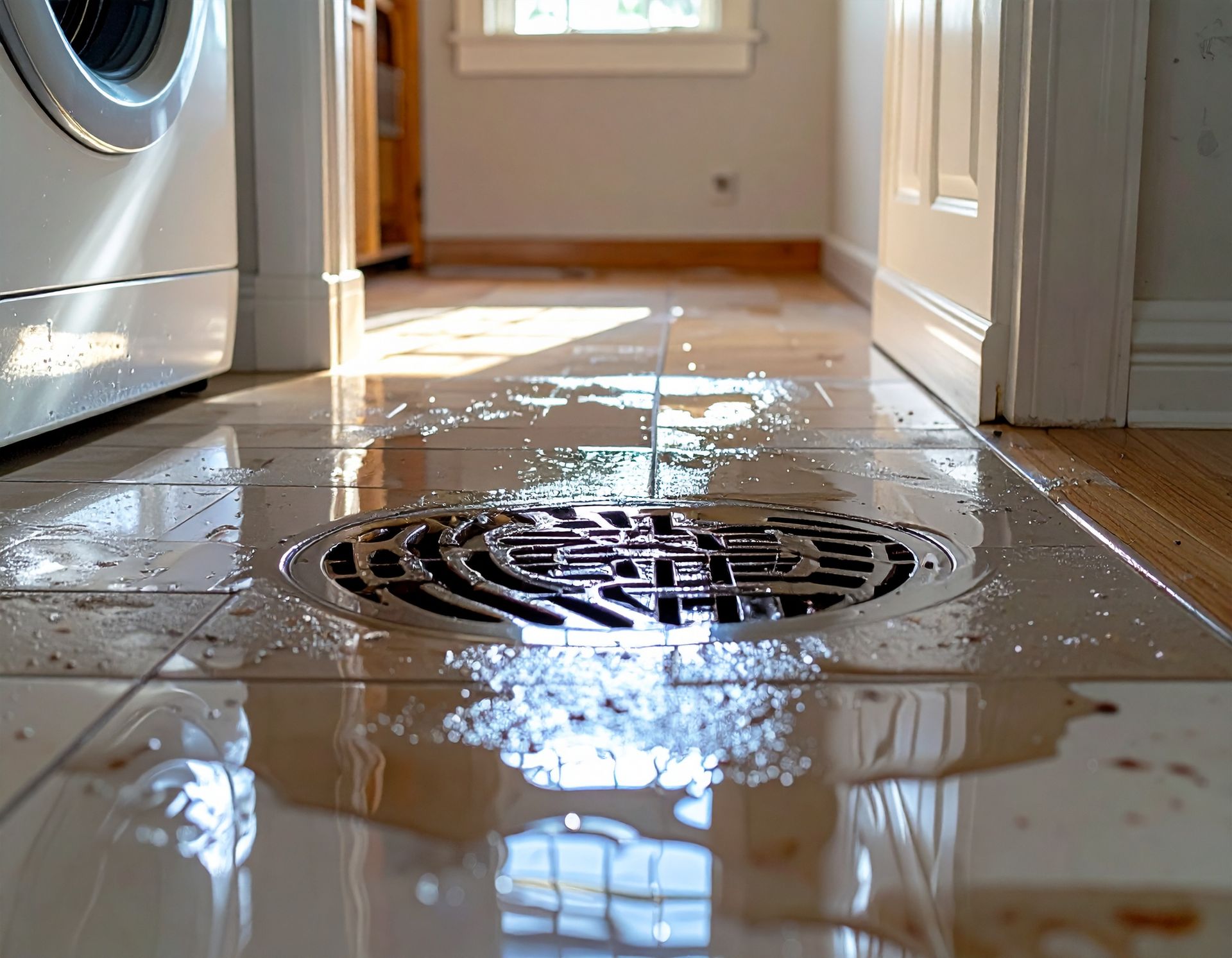 Wet kitchen floor with a drain and standing water reflecting a window and washing machine