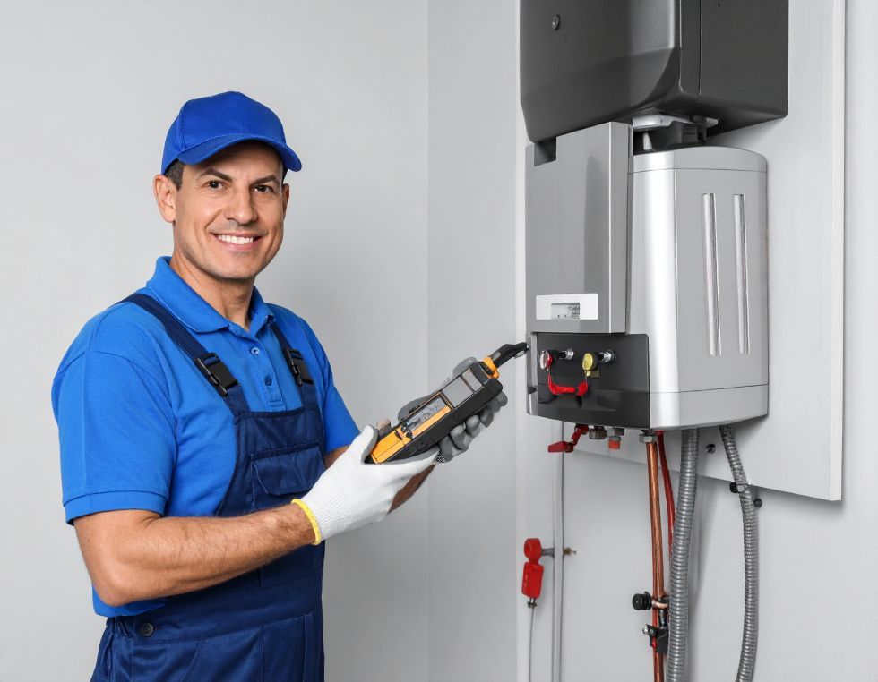 Plumber in blue jumpsuit smiling, inspecting a boiler with a meter in a utility room.