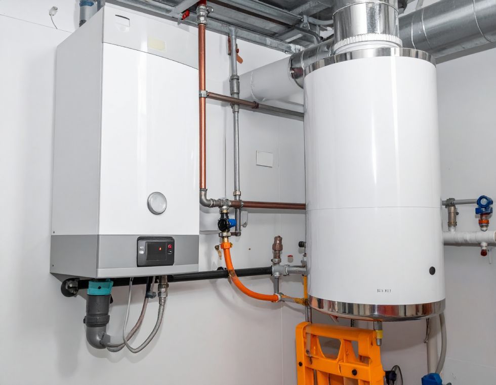 Two white water heaters and connected pipes in an indoor setting.