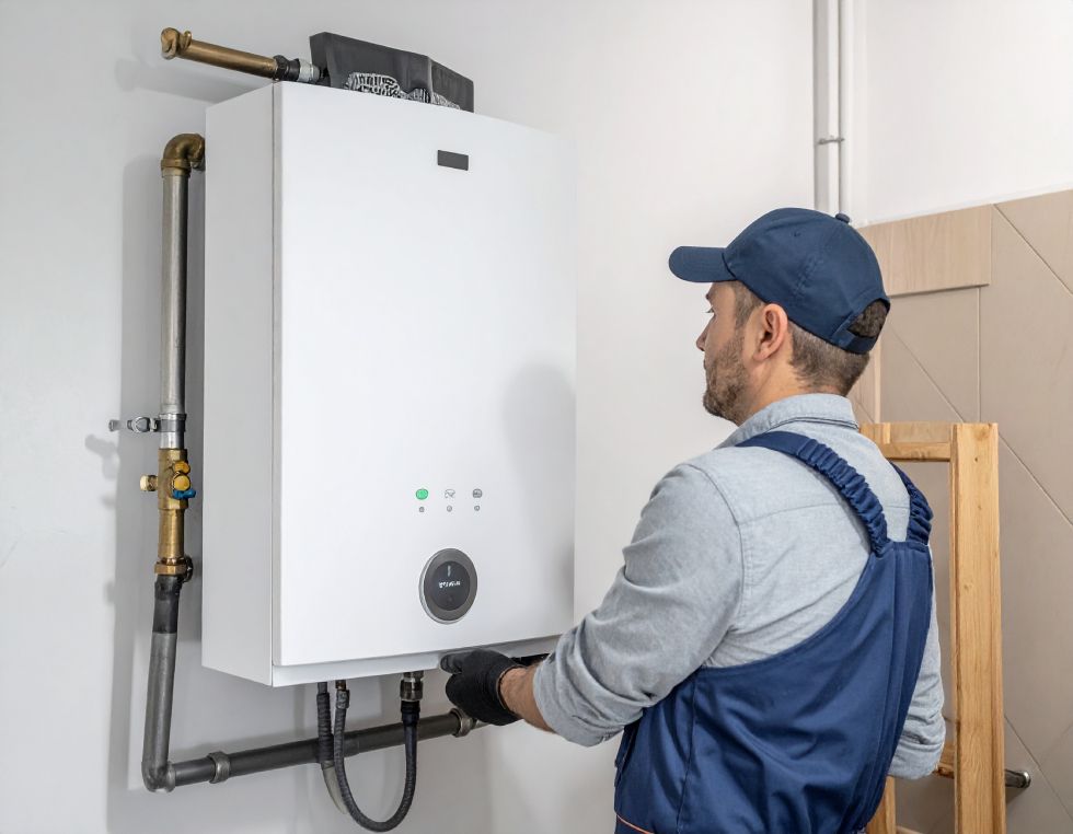 Technician installing a white wall-mounted boiler in a utility room; pipes and gauges visible.