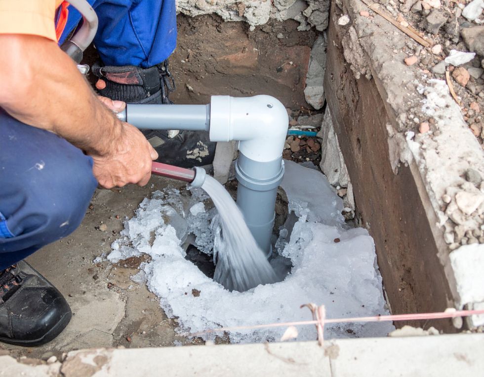 A person pouring water from a hose into a grey plastic pipe protruding from a hole in a construction site.