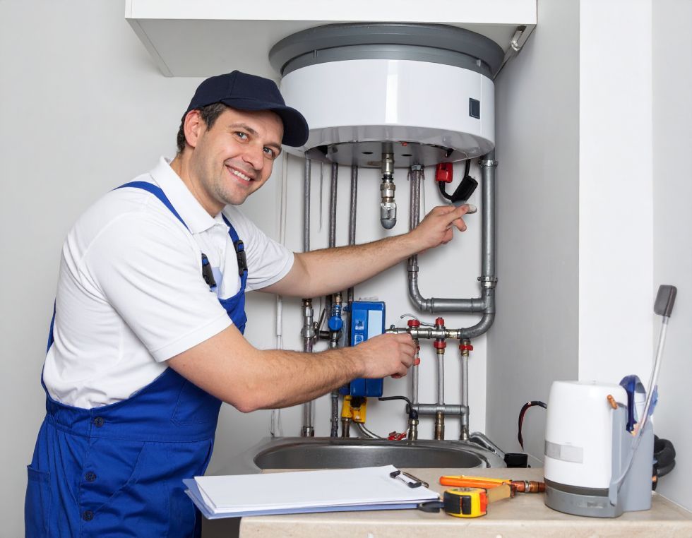 Plumber in blue overalls smiling, working on a water heater, with tools and clipboard on a shelf.
