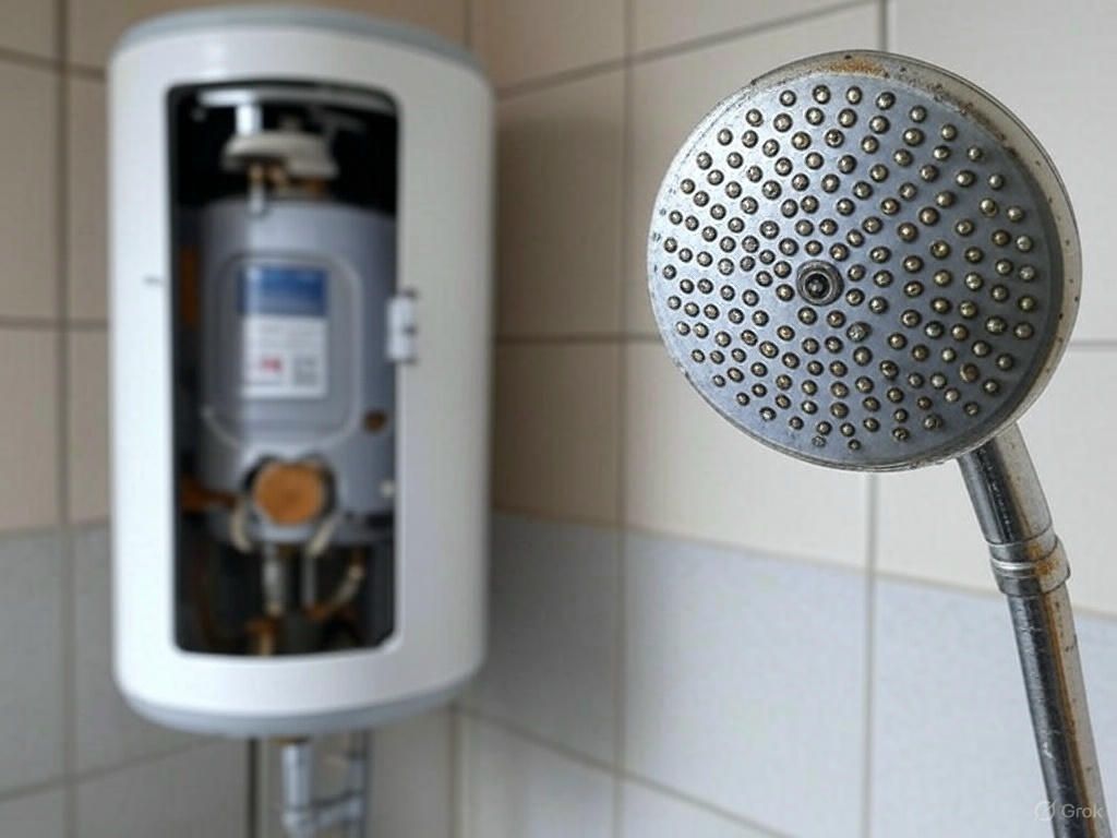 A shower head is sitting next to a water heater in a bathroom.
