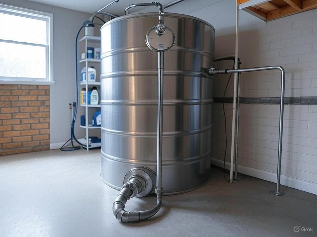 A large stainless steel storage tank unit is sitting in a room next to a window.