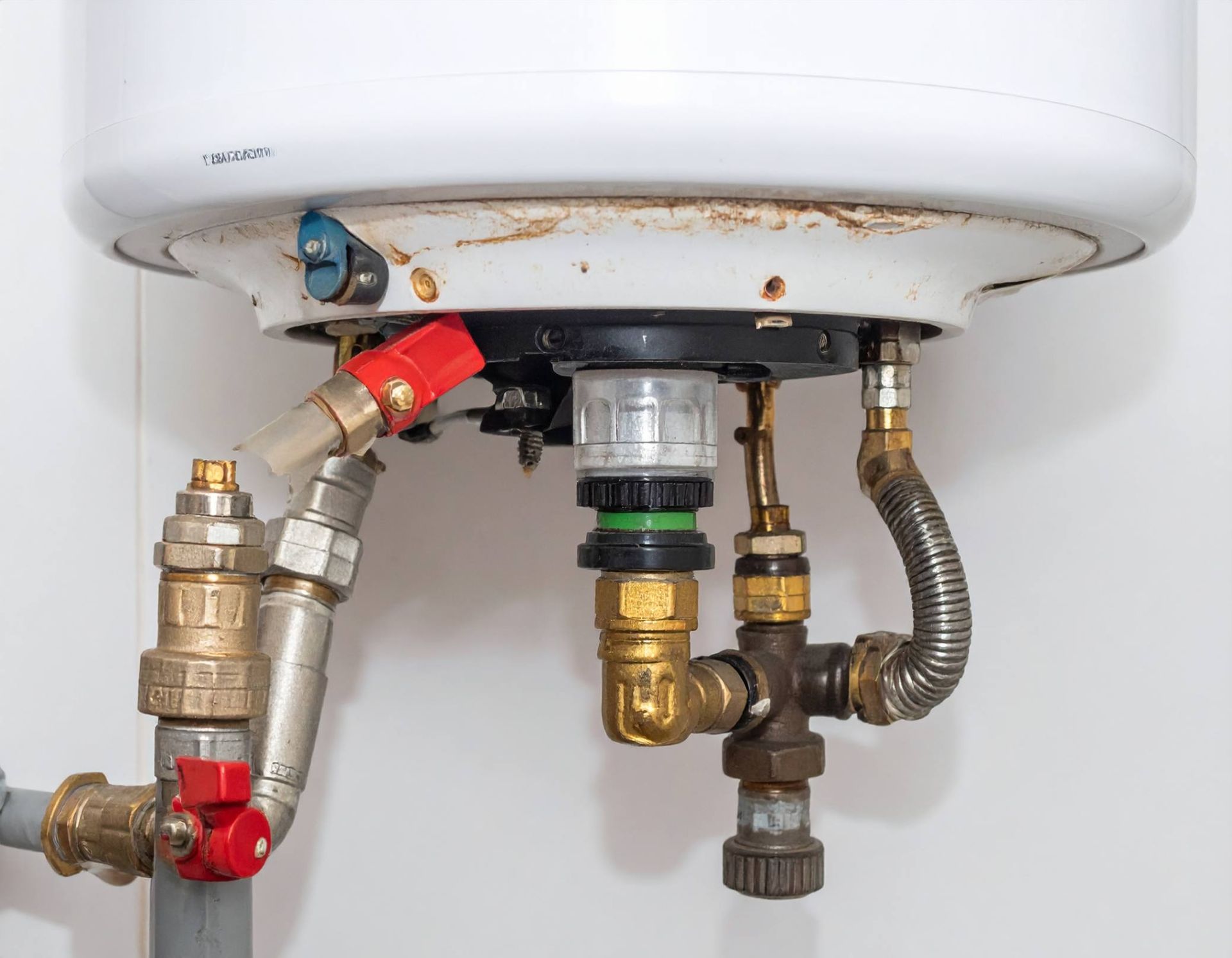 A close up of a water heater with pipes attached to it.