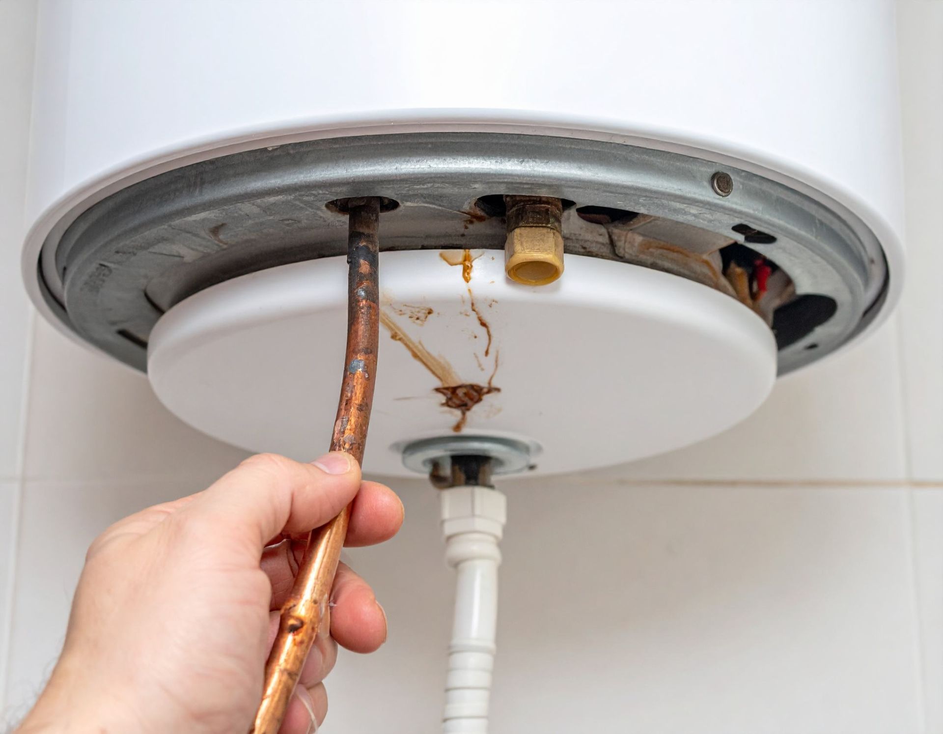 A person is fixing a water heater with a copper pipe.