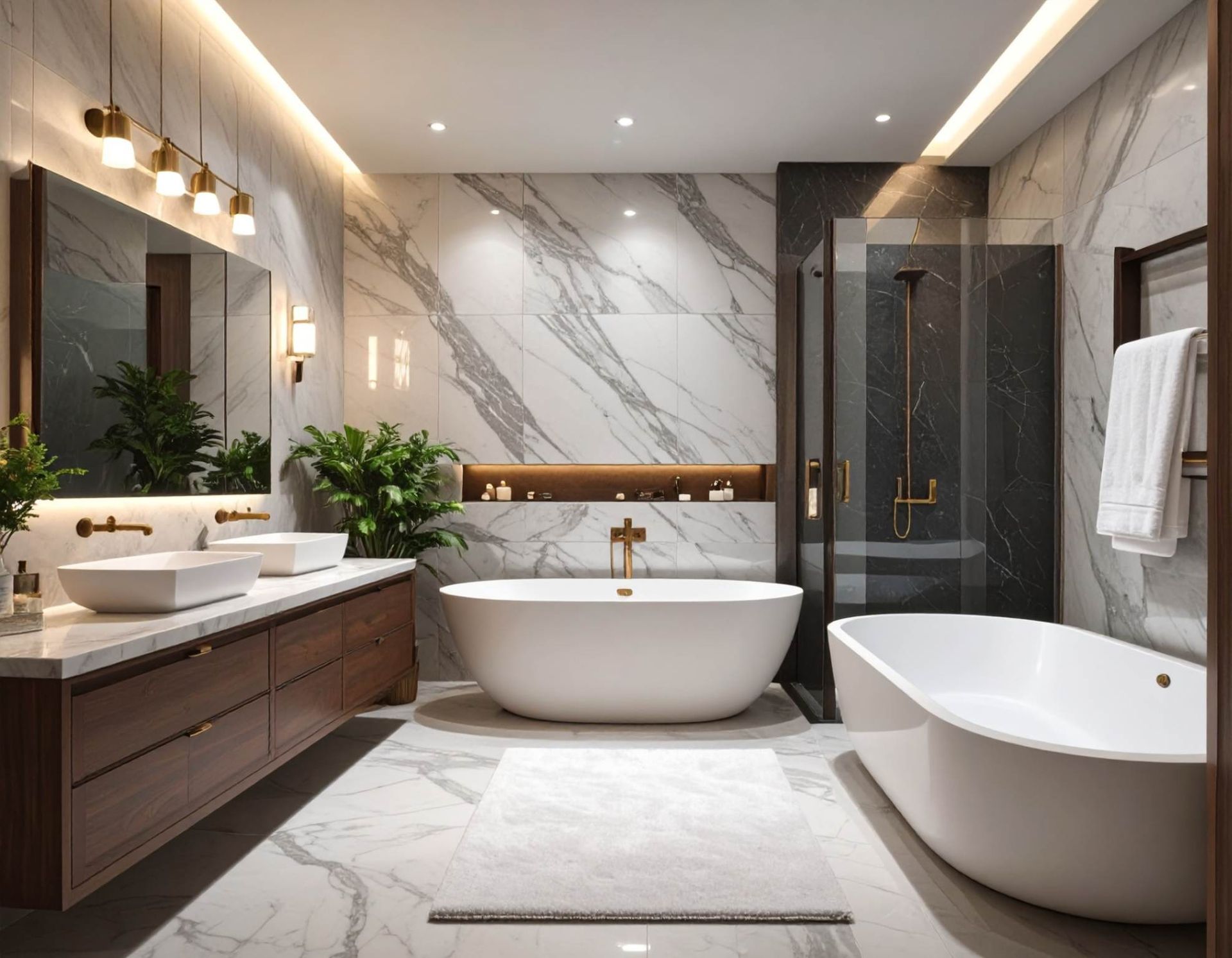 Modern bathroom with marble walls, dual sinks on a wooden vanity, a large central tub, a separate shower, and a white rug.