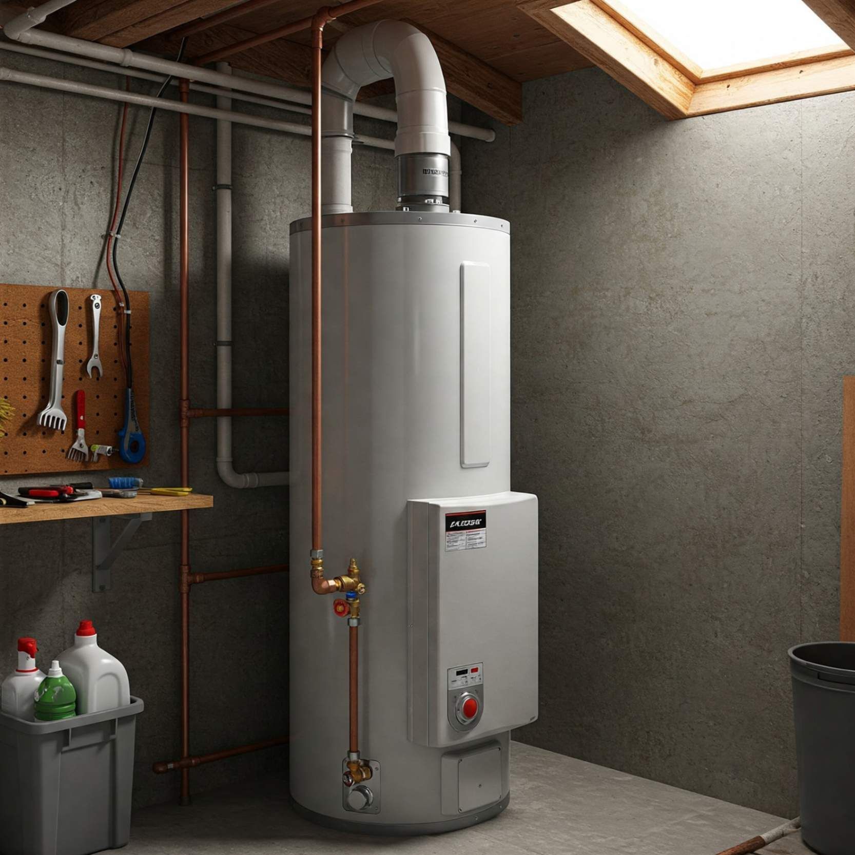 A white gas water heater is sitting in a basement