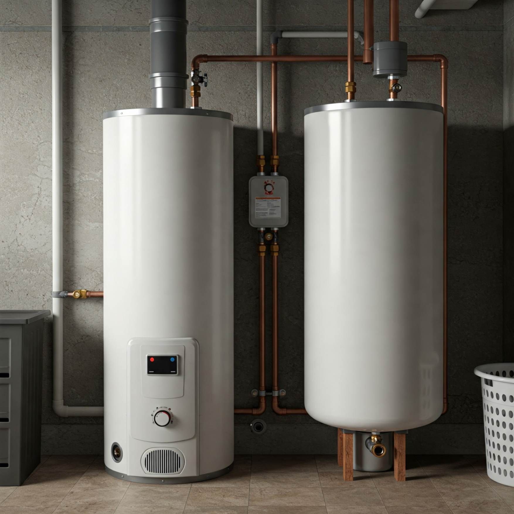 Two white water heaters are sitting next to each other in a room.