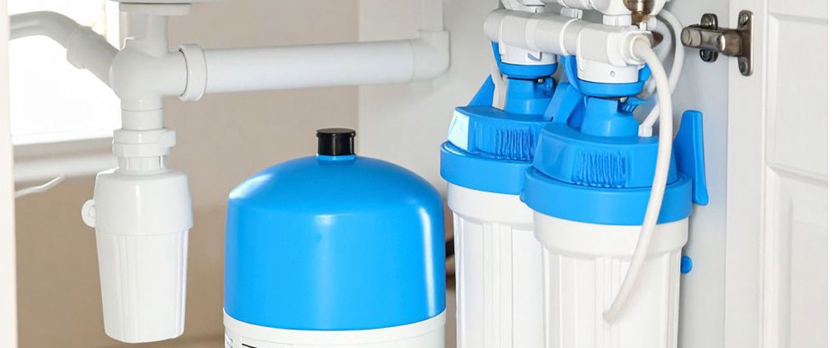 Blue water filtration system under a sink with white pipes and tank