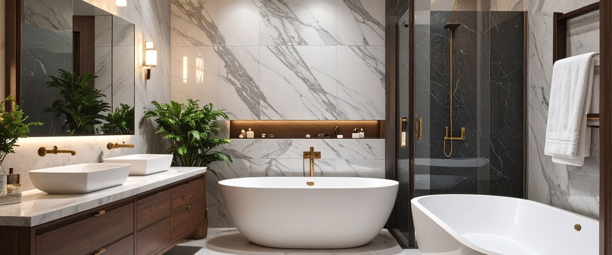 Modern luxury bathroom with marble walls, freestanding tub, double vanity, and glass shower