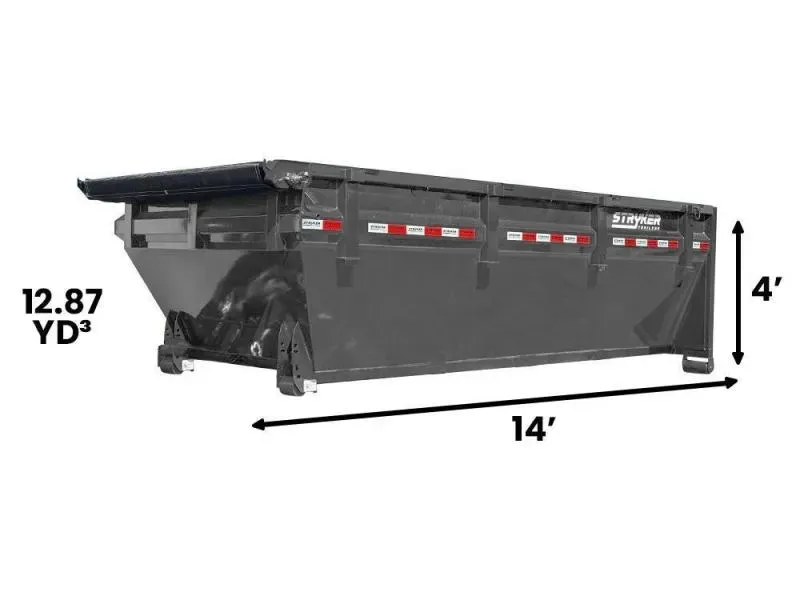 Black industrial dumpster with dimensions labeled 14', 4', and 12.87 yd³