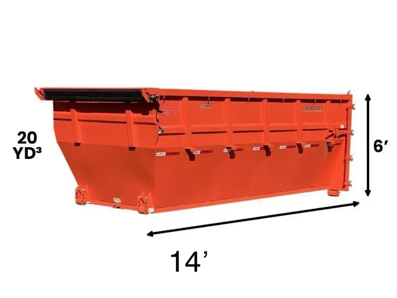 Orange 20-yard dumpster, 14 feet long and 6 feet high, shown on a white background