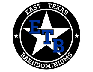 East Texas Barndominiums circular logo with white star and blue ETB letters on black