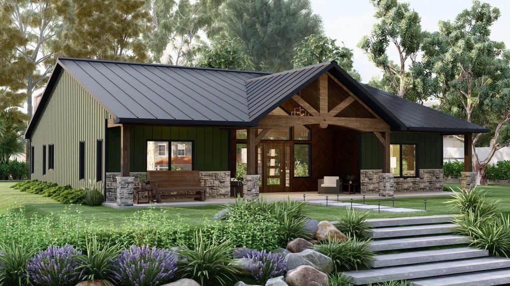 Modern house with dark metal roof, stone accents, and landscaped garden in front
