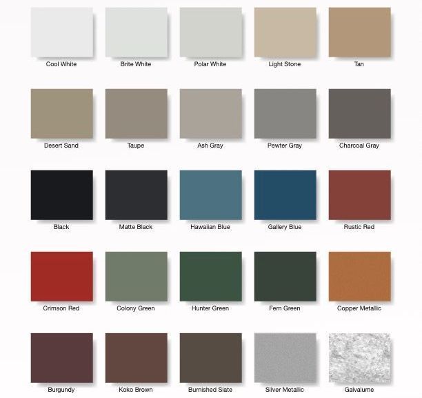 Color palette chart with 20 labeled swatches in neutrals, grays, browns, red, and green tones