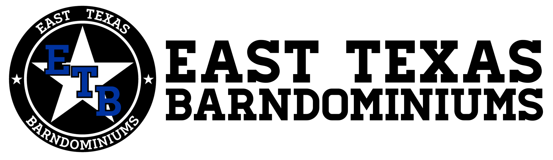 East Texas Barndominiums logo with black circular badge, blue initials, and bold black text on white background