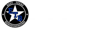 East Texas Barndominiums circular logo with white star and blue ETB letters on black