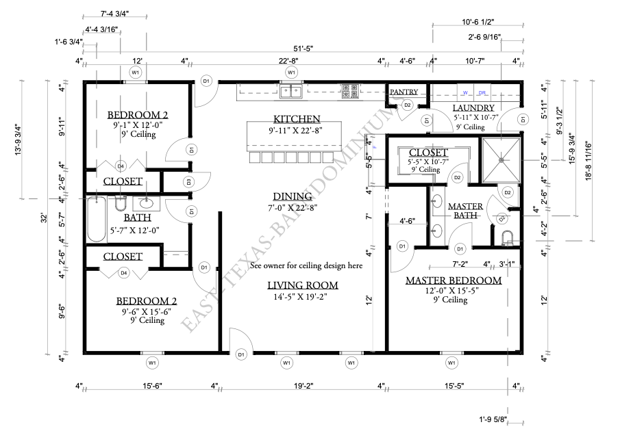 Black-and-white house floor plan with labeled rooms, closets, kitchen, bedrooms, baths, and dining area