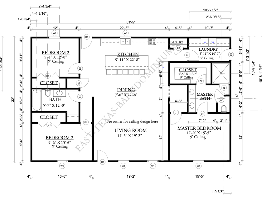 Black-and-white floor plan of a 2-bedroom, 2-bath apartment with kitchen, dining, living room, closets, and balcony