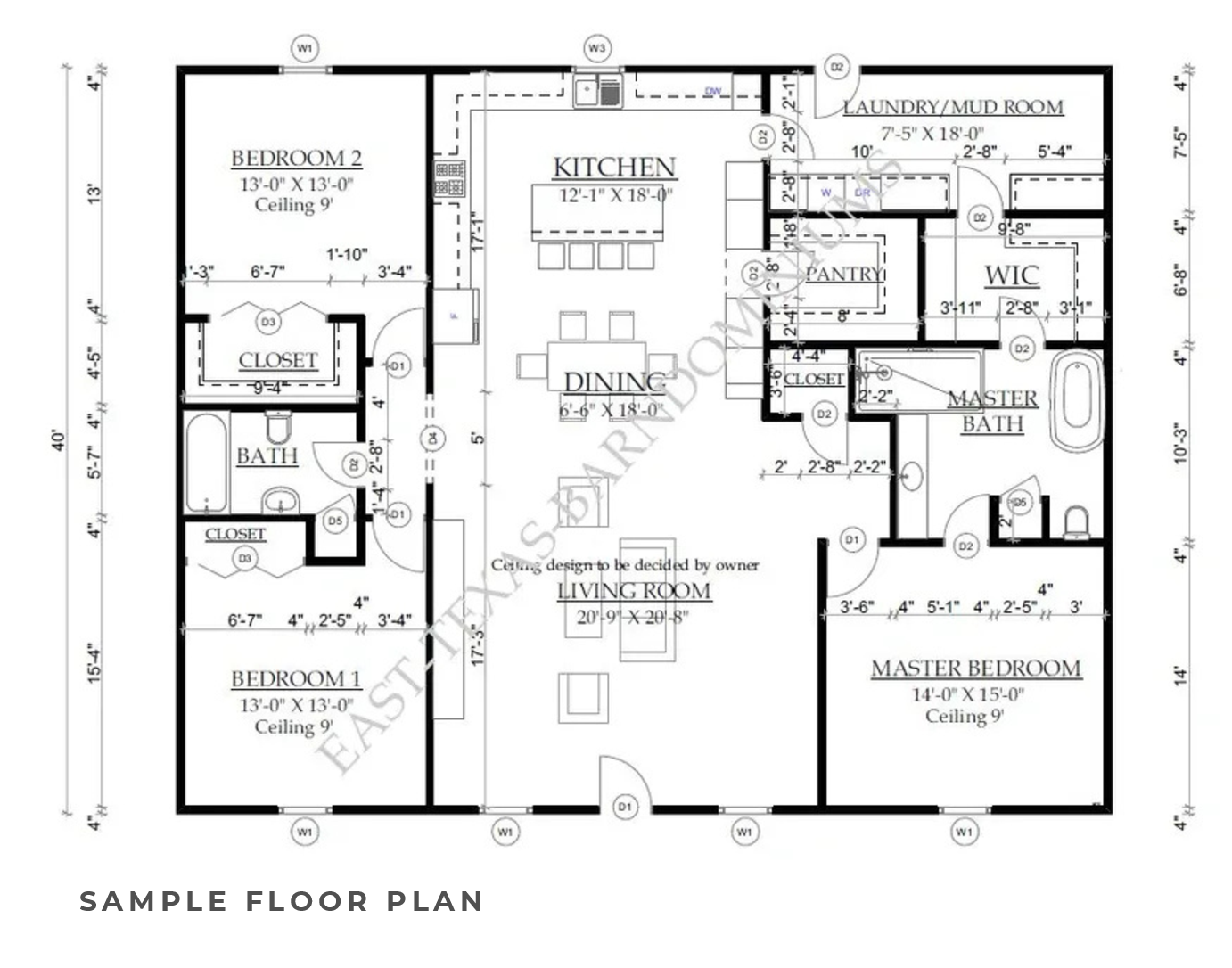 Black-and-white sample floor plan of a house with labeled rooms and hallways
