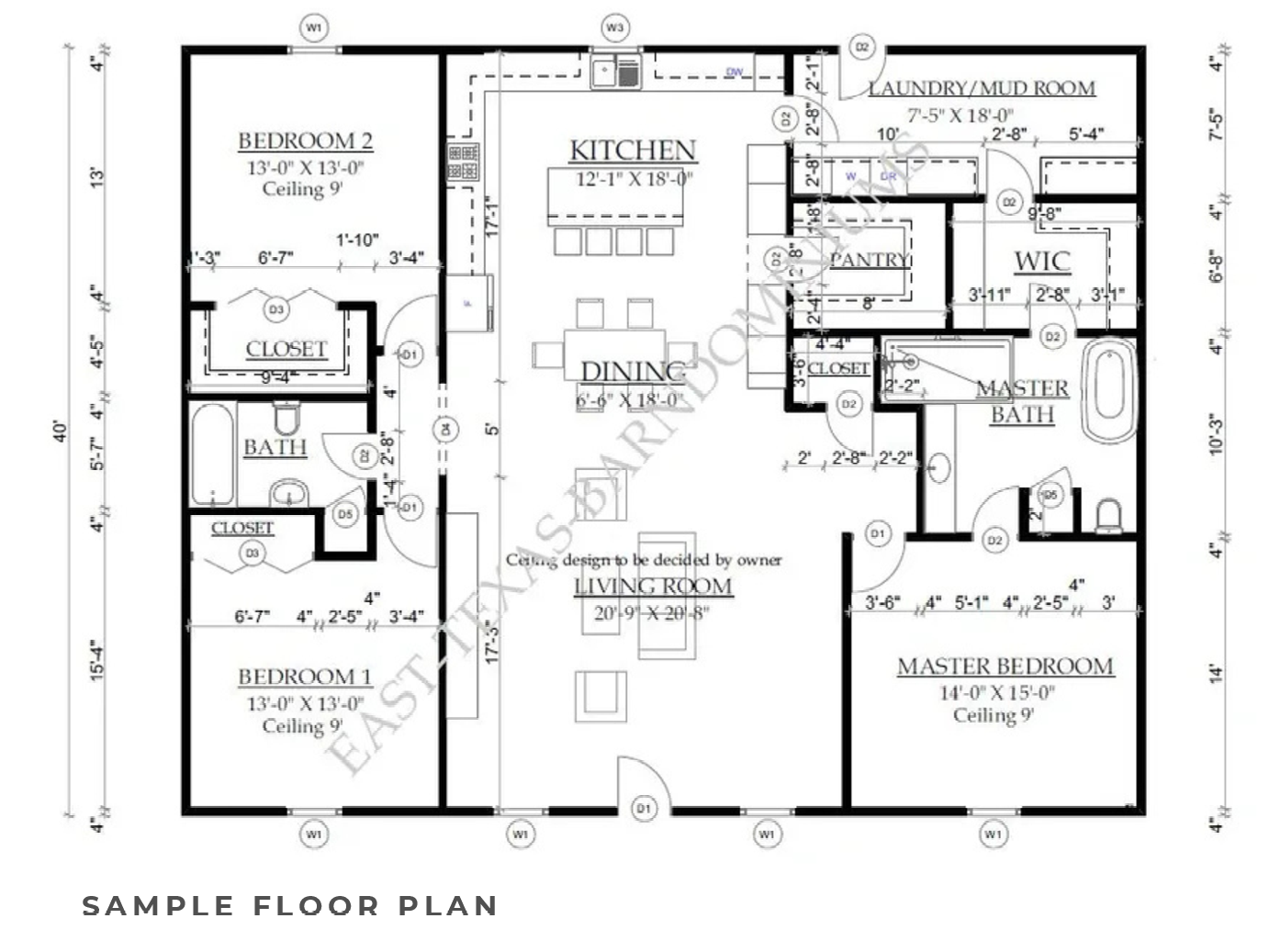 Black-and-white sample floor plan showing rooms, doors, and labeled spaces in a house layout.