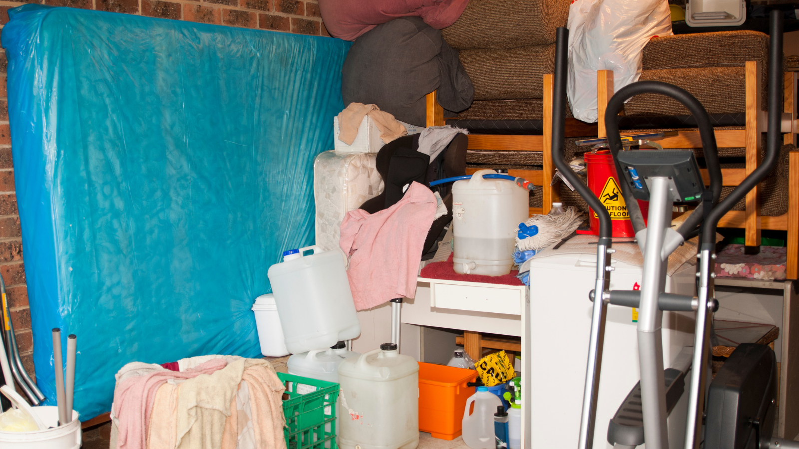 A garage filled with lots of junk and a mattress.
