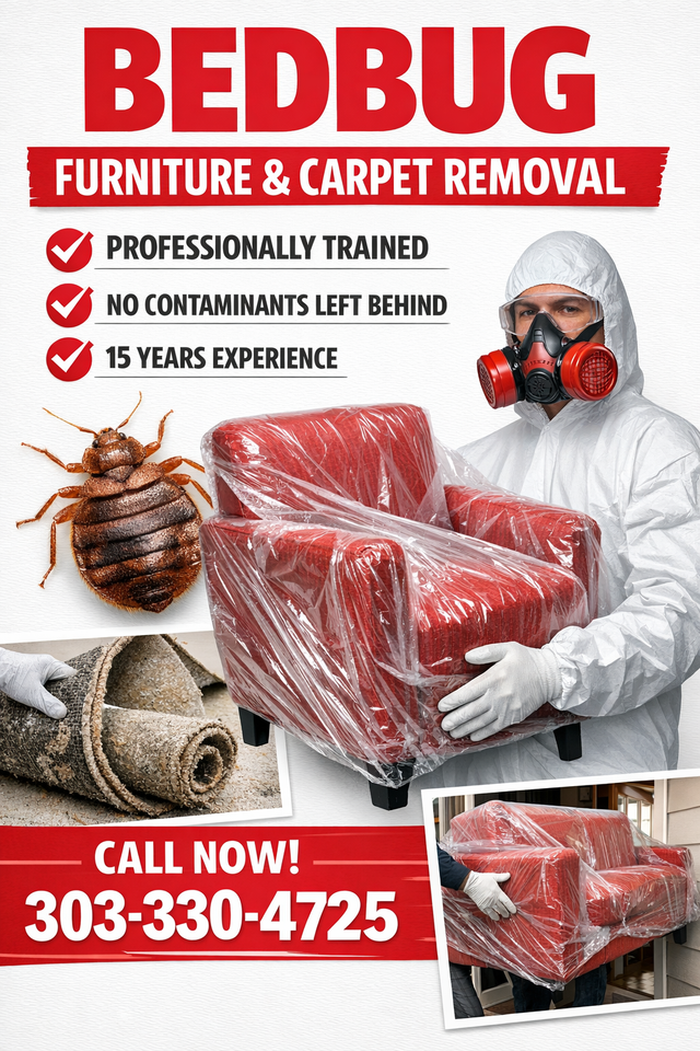 Bedbug furniture and carpet removal ad with worker in protective gear, bed bugs, and call-now phone number