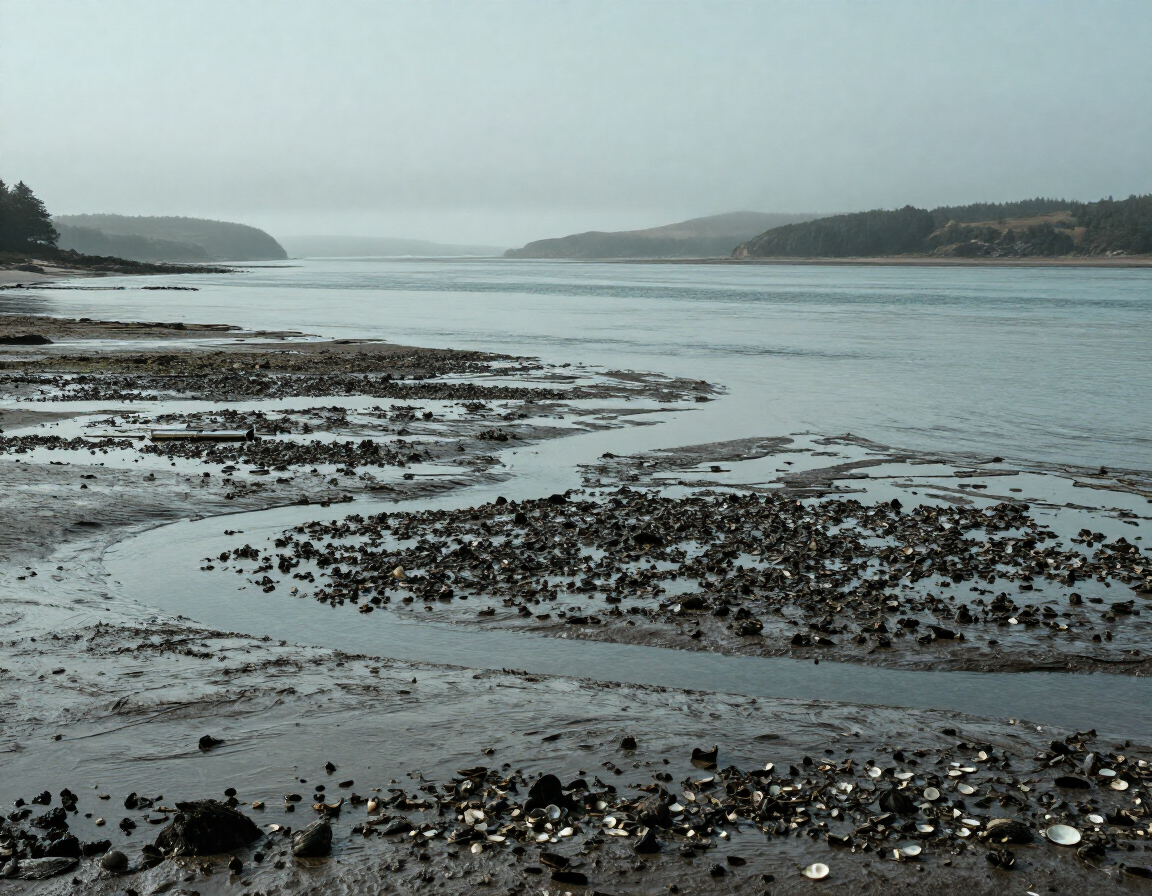 Damariscotta River estuary at low tide with shellfish flats