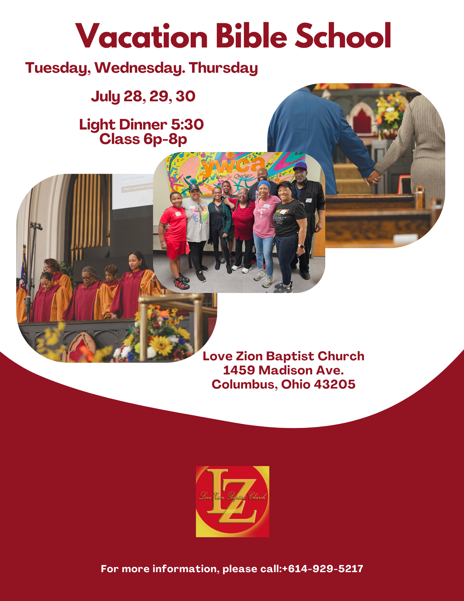 Vacation Bible School flyer for Tuesday, Wednesday, Thursday at Love Zion Baptist Church with photos of children and church scenes