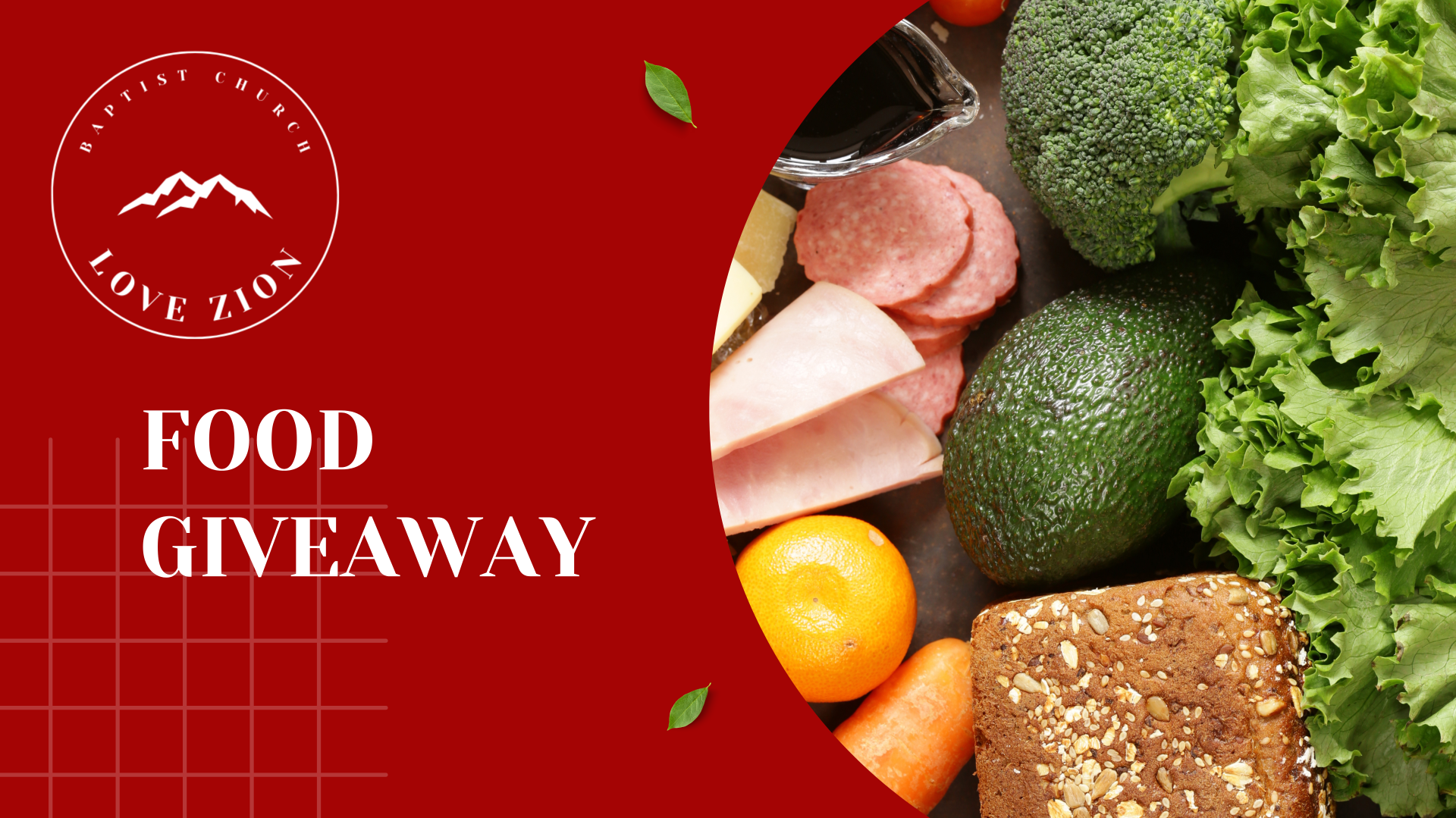 A food giveaway with a picture of vegetables and meat on a red background.