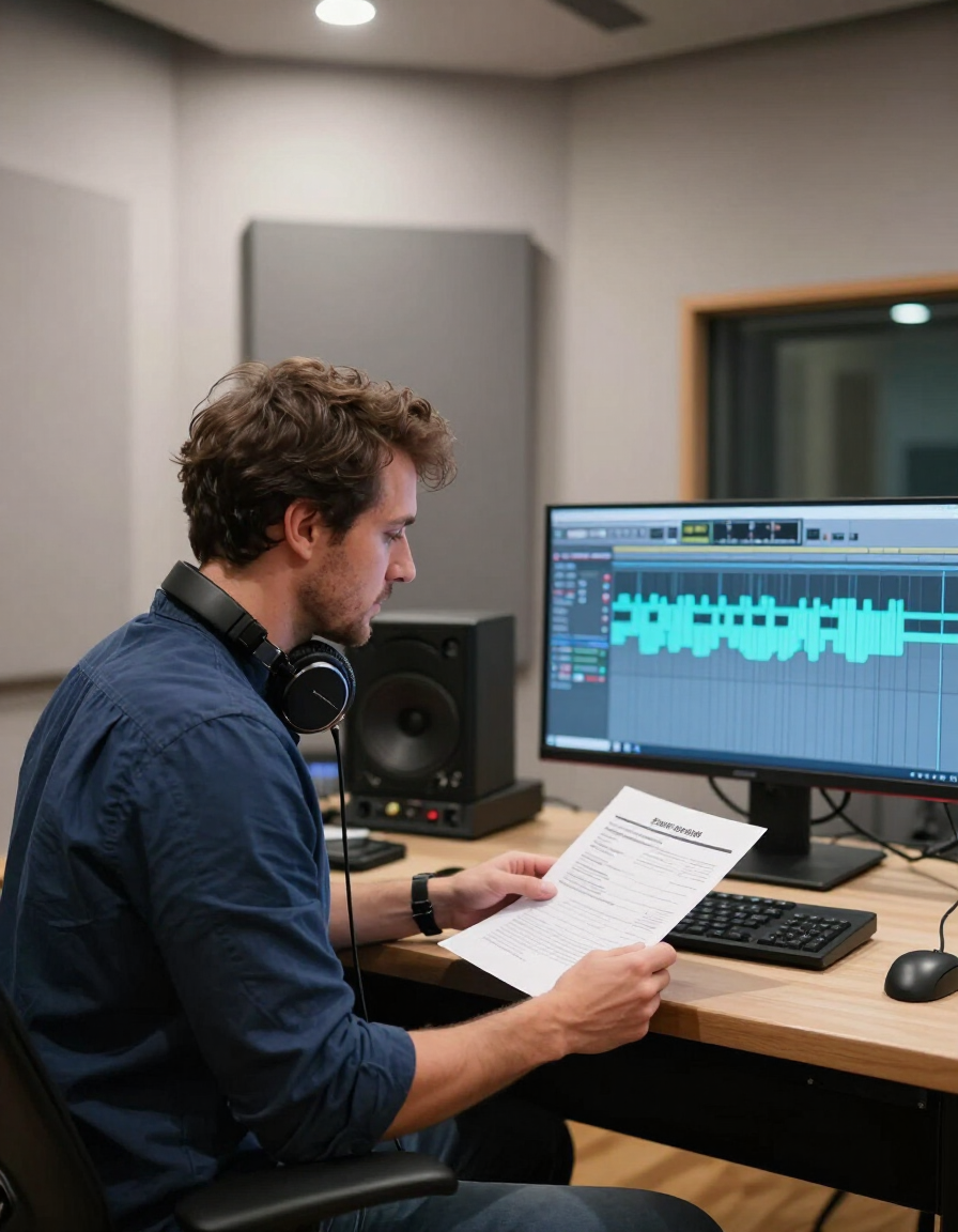 Audio producer reviewing a waveform and campaign notes
