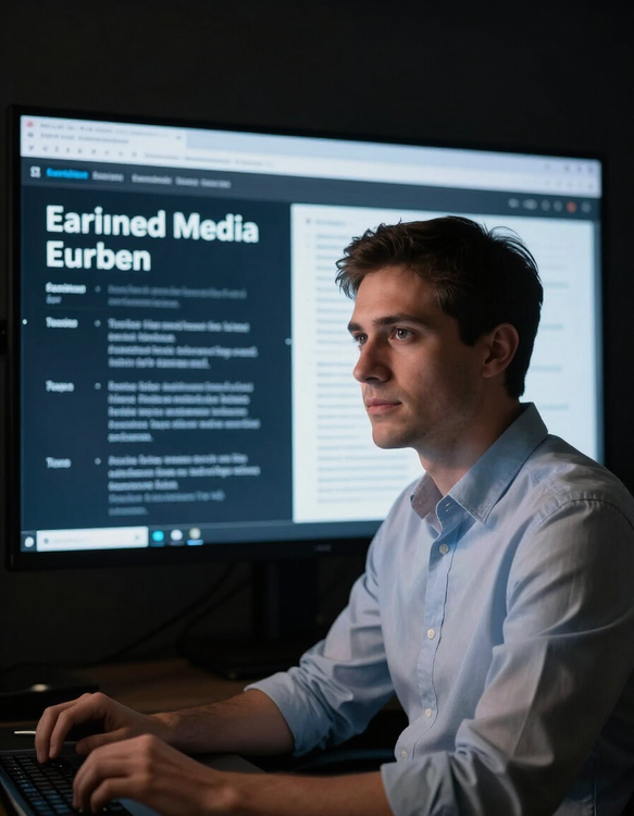Analyst reviewing authority content and earned-media placements