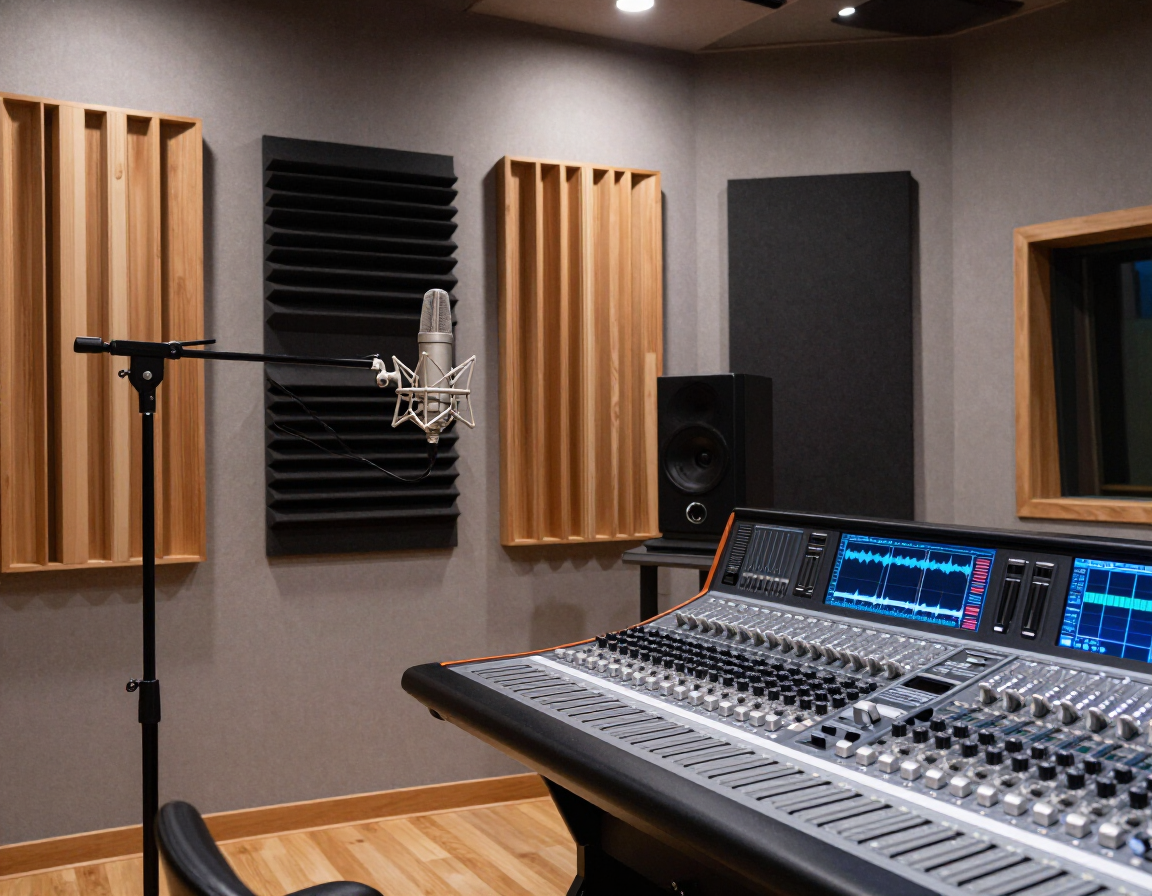 Premium recording studio with microphone and producer console