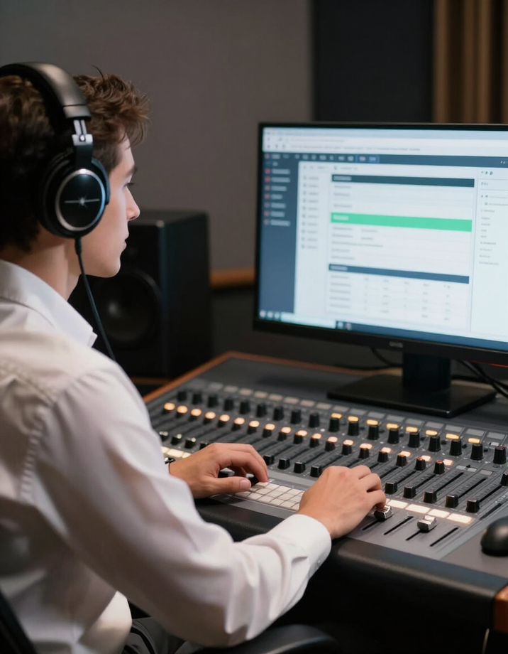 Producer at an audio console with a search dashboard