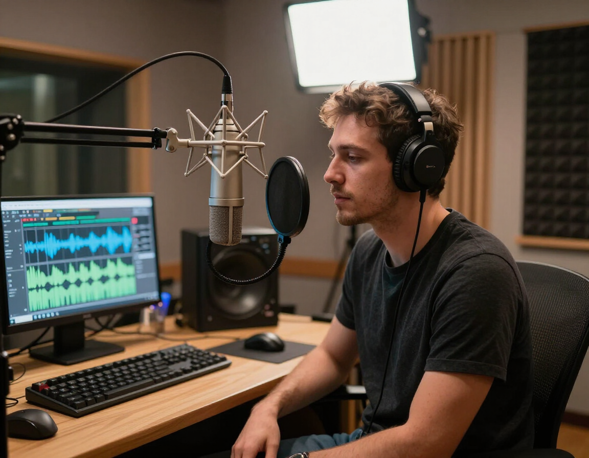 Voice talent recording an audio commercial