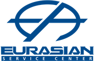 Blue logo for Eurasian Service Center with intersecting lines inside an oval shape.