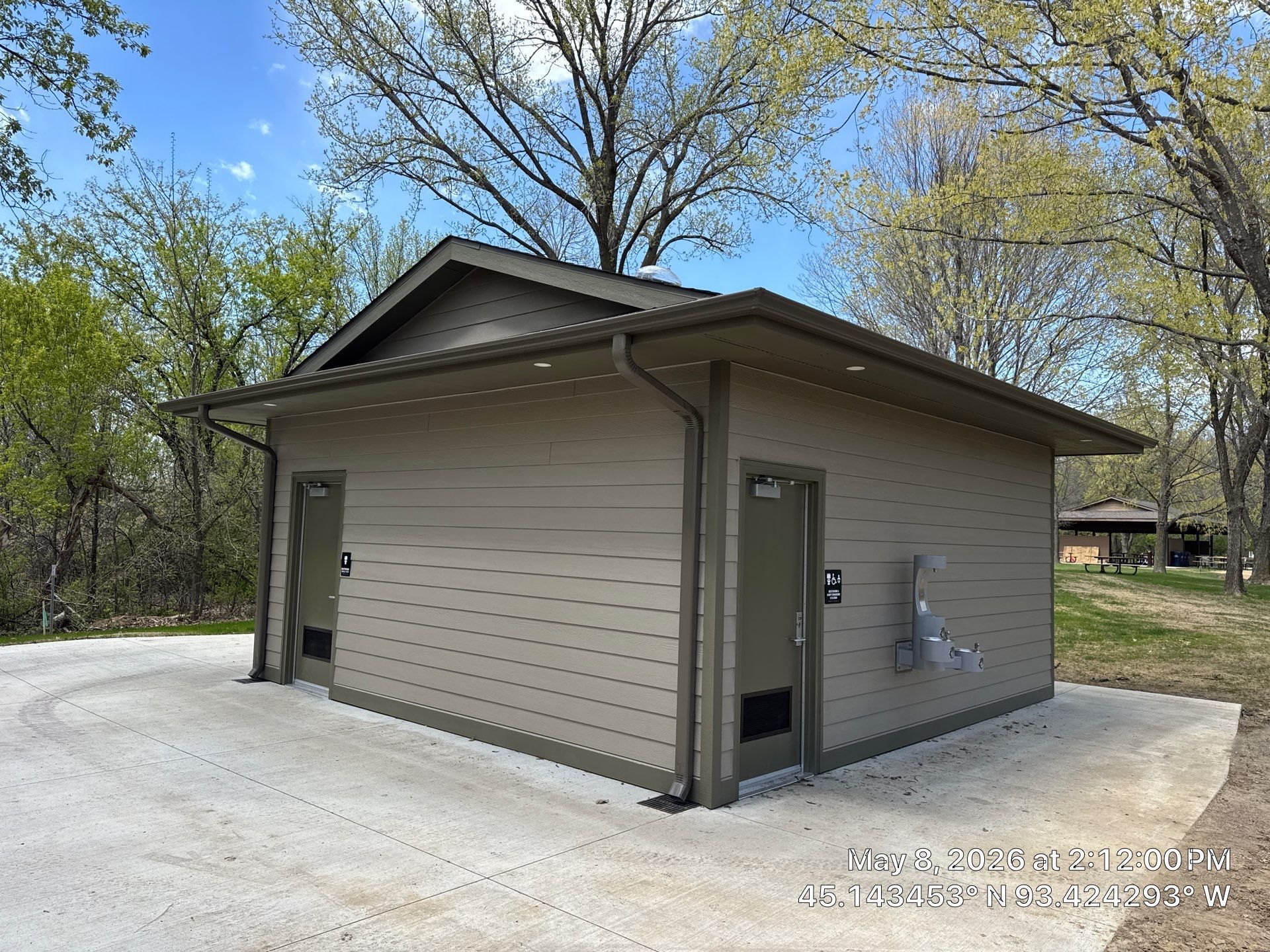 The restroom building in Elm Creek Park Reserve with the new gutter system that we installed.