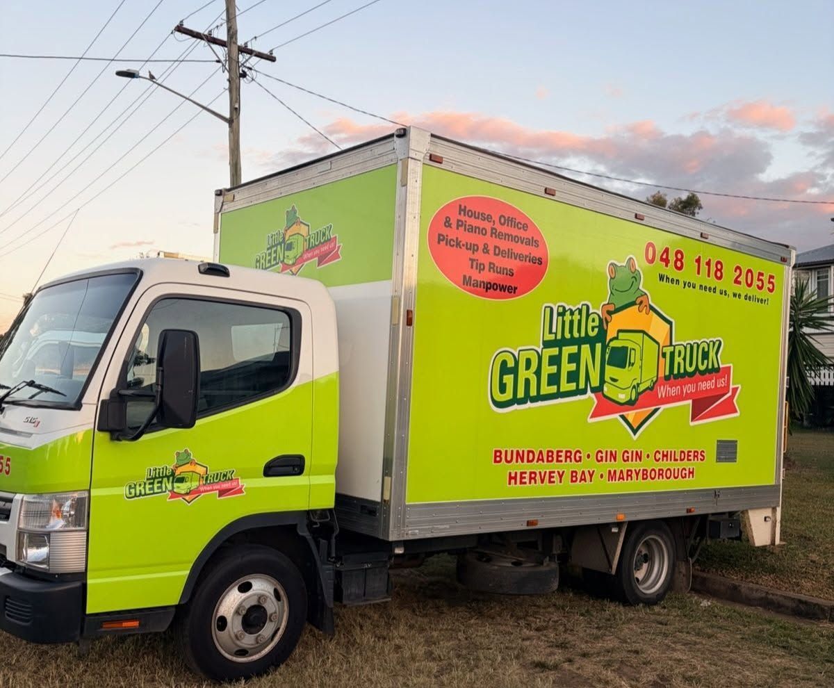 Bright Green Little Green Truck Delivery Truck Parked Outdoors at Sunset — Little Green Truck Bundaberg in Woodgate, QLD