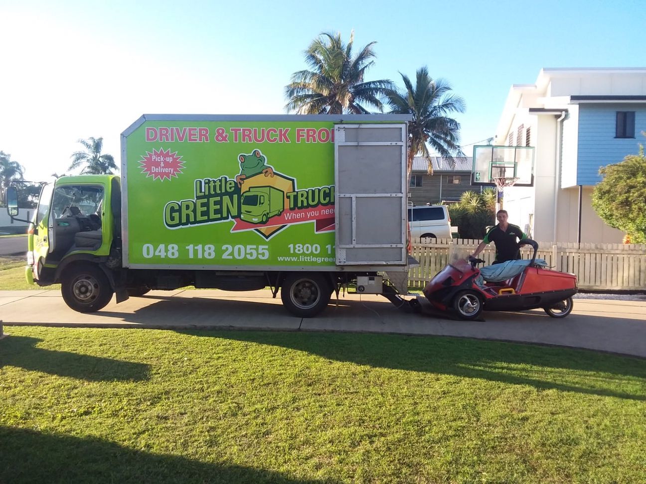 Man on Riding Lawnmower With a Truck — Little Green Truck Bundaberg In Bundaberg, QLD