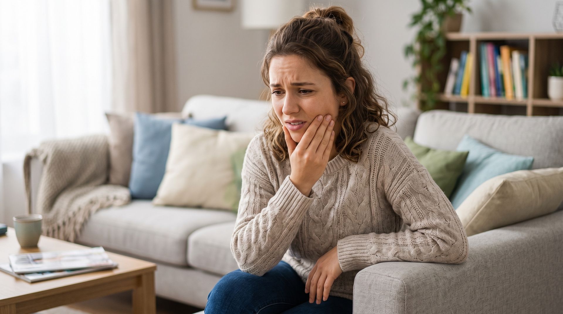 Woman on a couch holding her cheek in pain, needing an emergency dentist