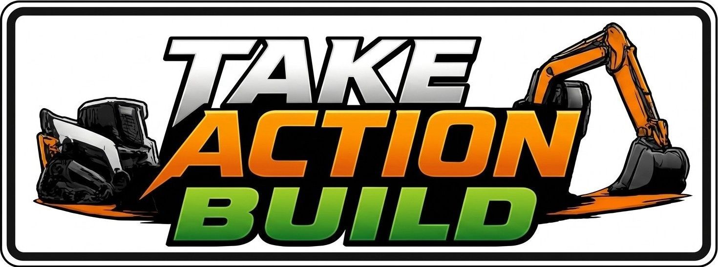Take Action Build logo with orange excavator and bold black, orange, and green text