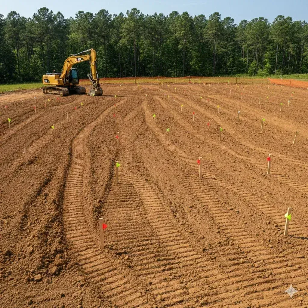 Yellow excavator grading a freshly tilled field with marked rows under a line of trees.