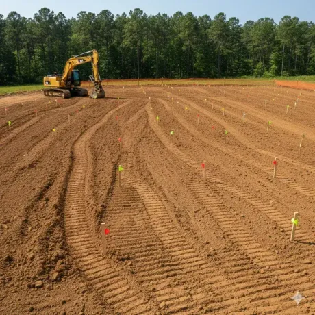 Yellow excavator grading a freshly tilled field with marked rows under a line of trees.