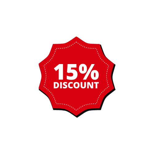 A red sticker that says 15 % discount on a white background.