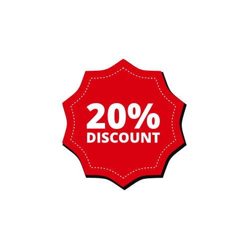 A red sticker that says `` 20 % discount '' on a white background.