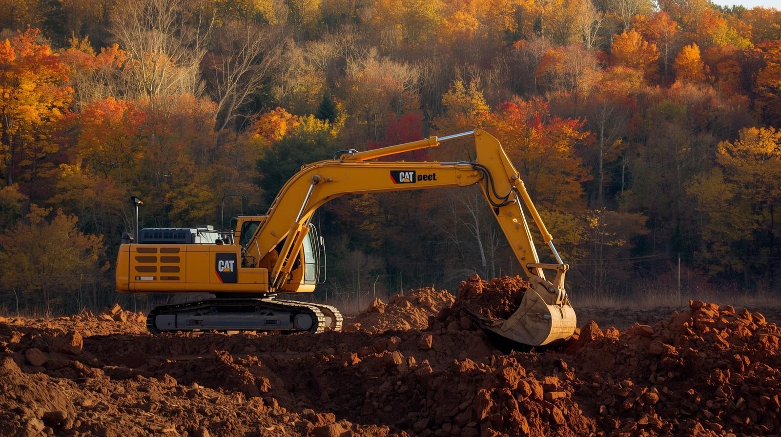 Yellow excavator digging soil in a wooded area with autumn trees in the background