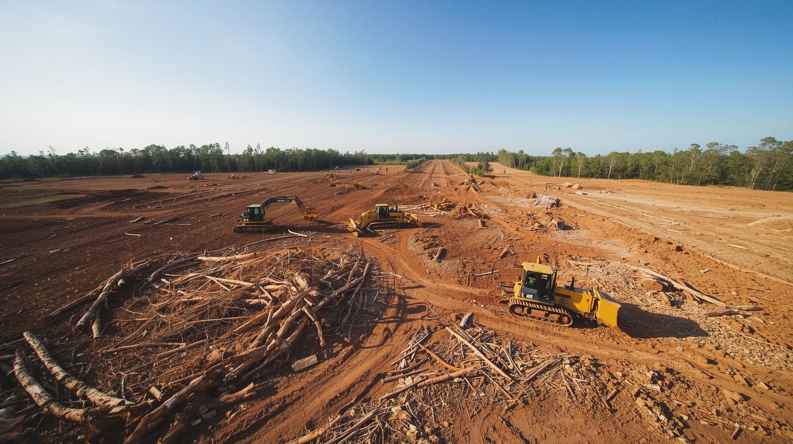 Earthmoving equipment grading a wide dirt construction site under a clear sky