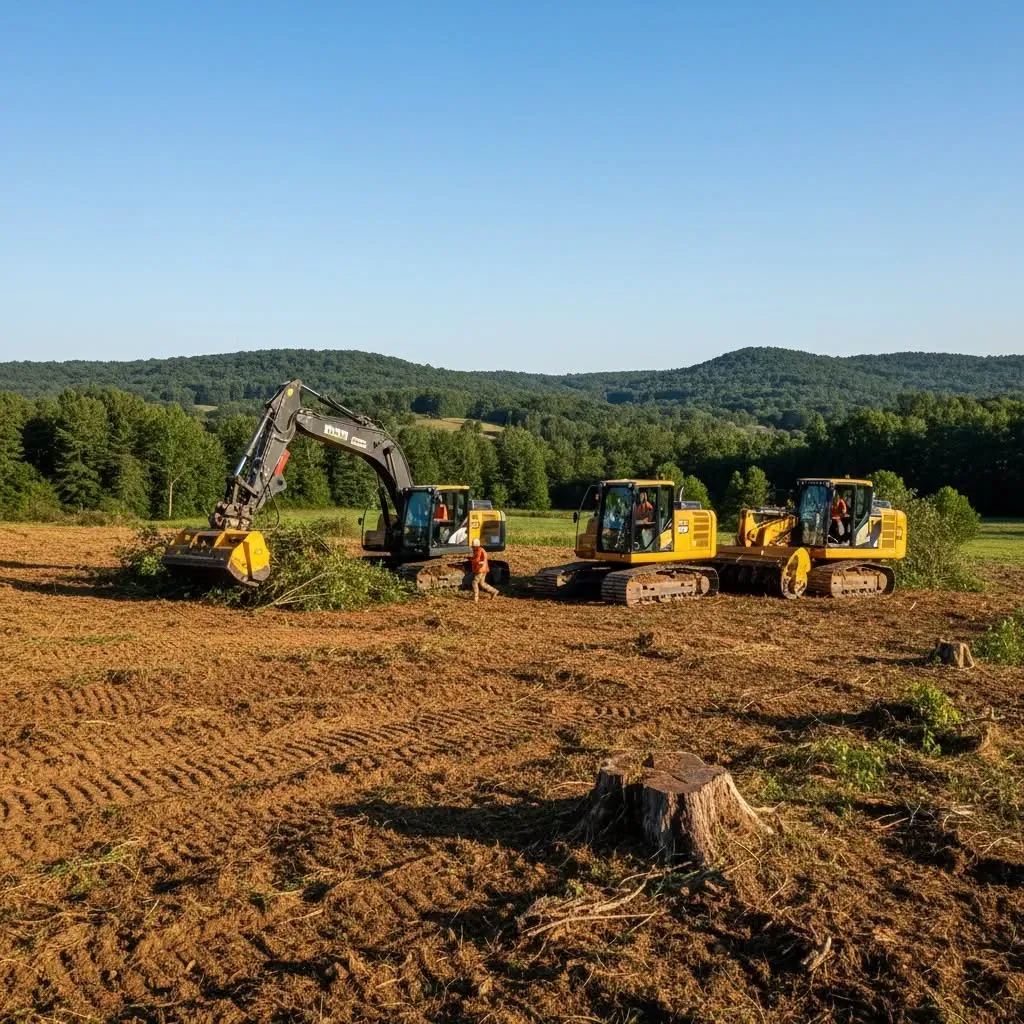 Excavators and yellow construction vehicles working on a cleared field under a blue sky