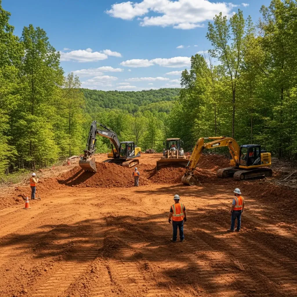 Construction crew and excavators grading a red dirt road in a forest clearing under a blue sky